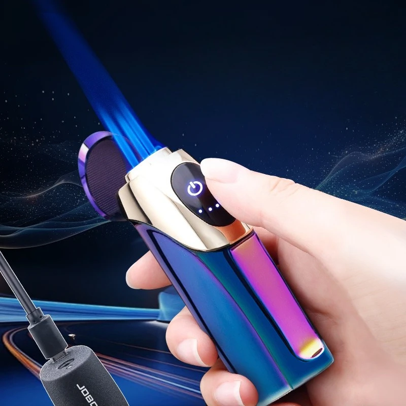 Touch Sensor Switch Electroplating Process USB Charging Lighter Three Fire Jet Blue Flame Metal Gas Lighter Men's Business Gift