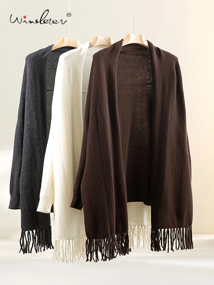 

Winsleter-100%Sheep Wool Elegant Tassel Shawl, Long Sleeve Solid, Women Versatile Warm Lazy Knit Cardigan, 2025 Autumn T5O927CC