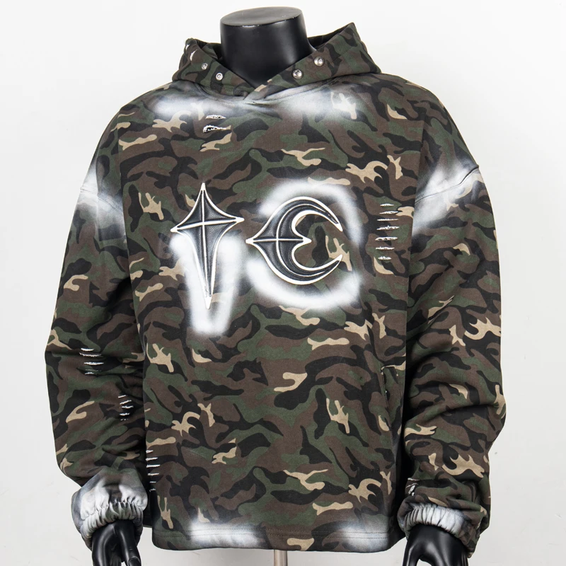 Camouflage Paint Thug Club Hoodie Leather Moon Star Label Sweatshirts Men Women High Quality Streetwear Hooded Pullovers Clothes