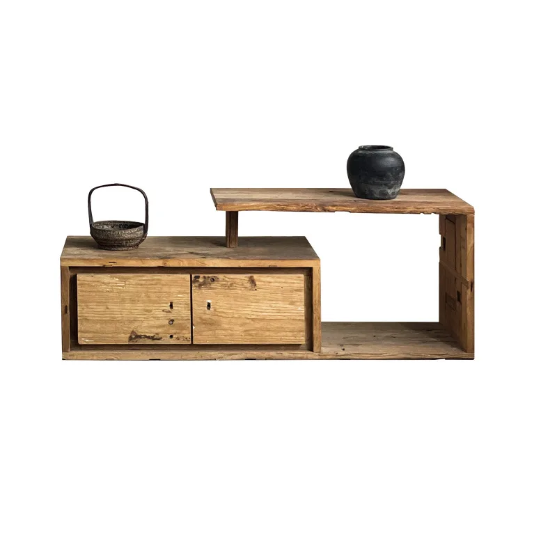 Factory Direct 2026 Wabi Sandy Wind Solid Wood High and Low Table Cabinet with Drawer Floor Table Low Cabinet Homestay Old Elm T