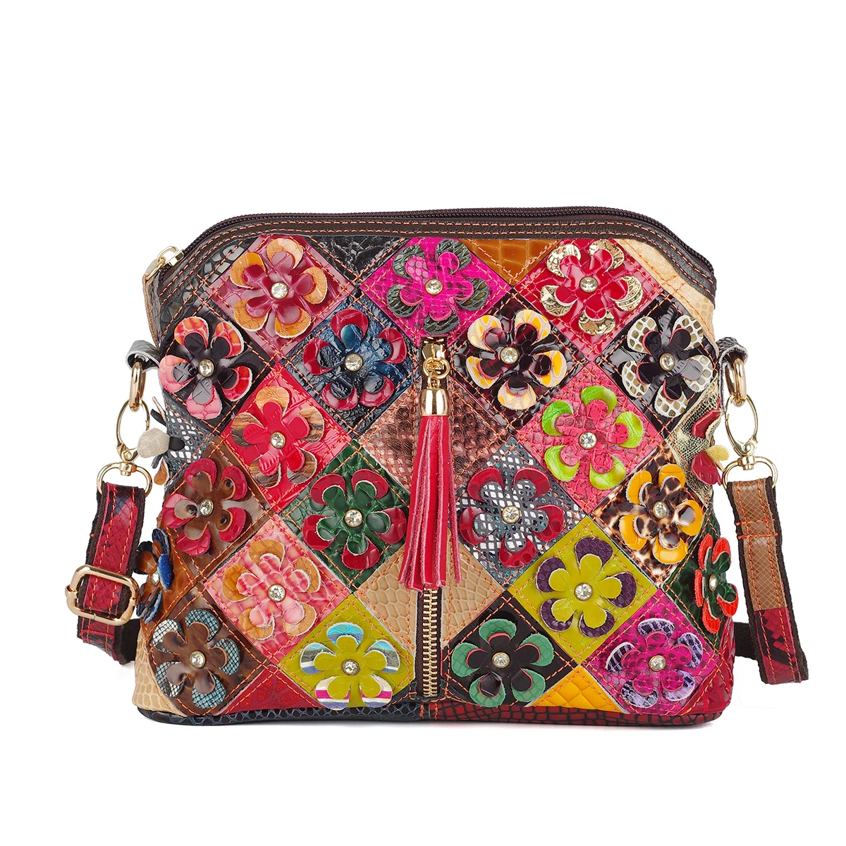 Leather color snake print random color flower Mosaic fringe fashion bag shoulder bag for women small bag