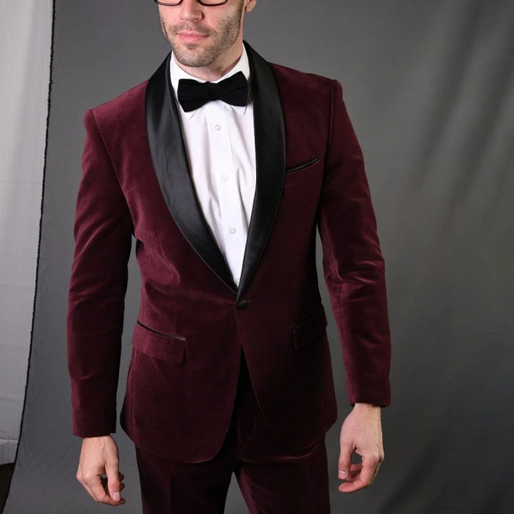 

Elegant Burgundy Velvet Men's Suit Chic Single Button Shawl Lapel Slim Fit 2 Pieces Jacket Pants Formal Dinner Party Outfits