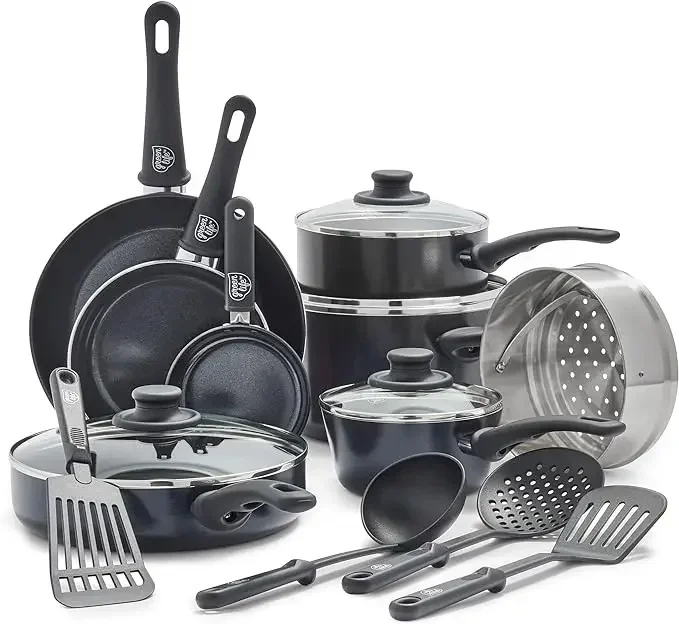 

tt Soft Grip Healthy Ceramic Nonstick 16 Piece Kitchen Cookware Pots and Frying Sauce Saute Pans Set