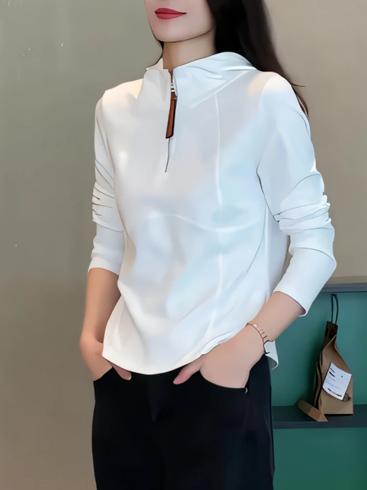 

Faionable White Hooded T-irt Women's Premium Feeling All-Match Sle Korean Version Commute Sle Long Sve ort Length