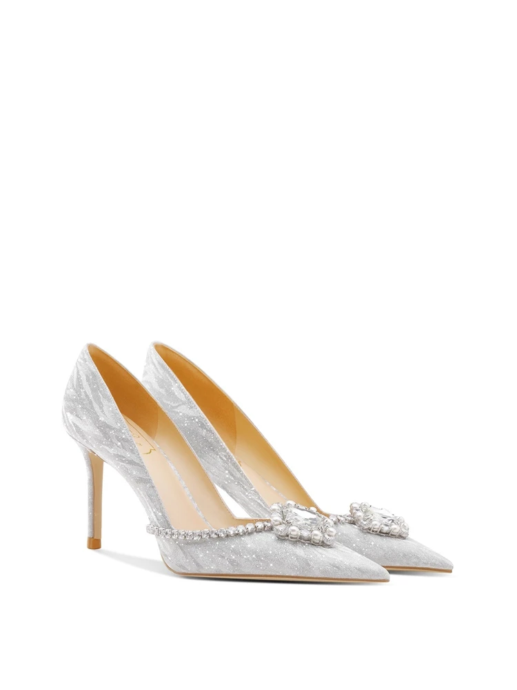Stiletto high heels spring and summer new pointed toe shallow pearl rhinestone sequin wedding shoes banquet dress women's shoes