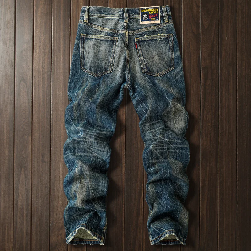Men's Trendy Streetwear Heavyweight Vintage Jeans, Washed Distressed Craft, American Style Straight Leg Denim Pants