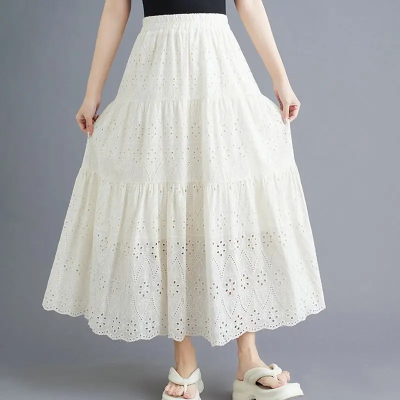 Vintage Hollow Embroidered Party Long Skirt Women Spring Summer Elastic Waist Casual Black White Cotton Dance Beach Skirt
