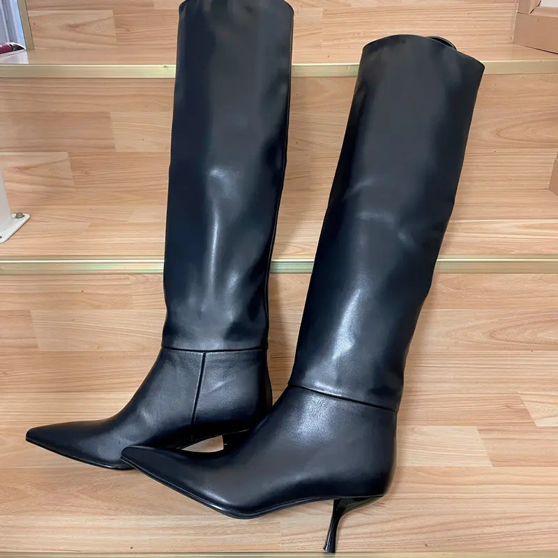 

2023 New Genuine Leather Women Knee HIgh Boots Spring Autumn Strange High Heels Poined Toe Ladies Pary Weddig Shoes