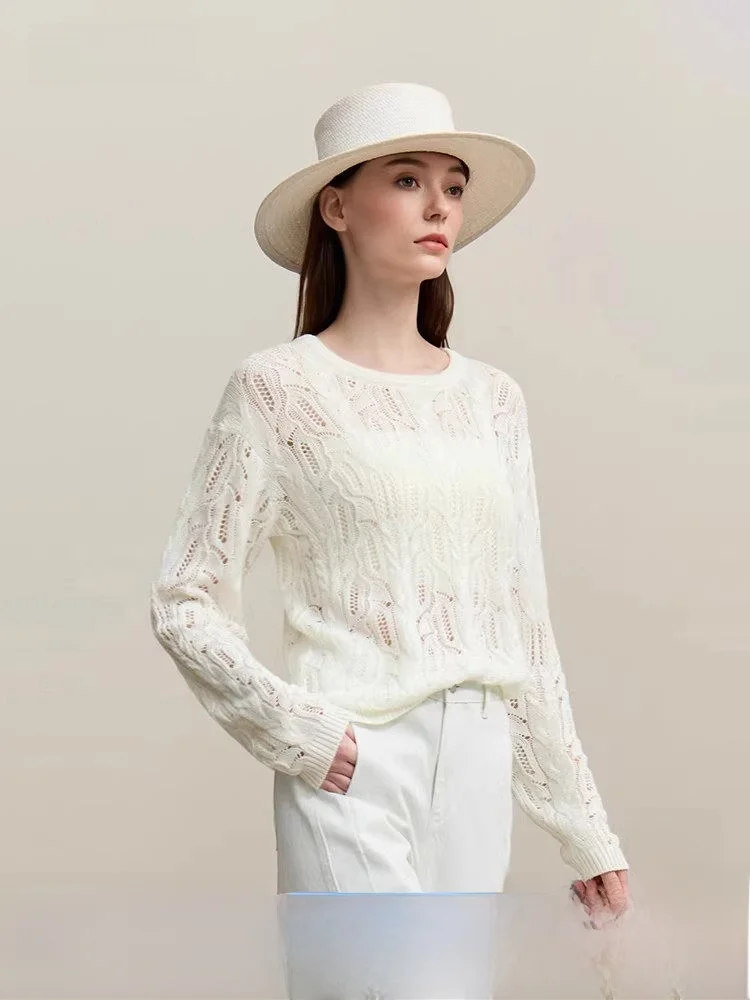

i Spring New round Ne Hollow Knitted Sweater Women's Needlework Twisted Rope Proced Long Sve Woolen Knitwear