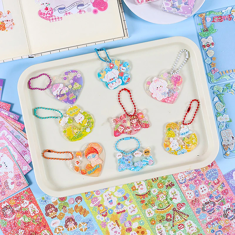 10 Stuks Kawaii Korean Deco Sticker Pack Schattige Kleurrijke Cartoon Ontwerpen Sprankelend Glitter Effect Dagboek Deco