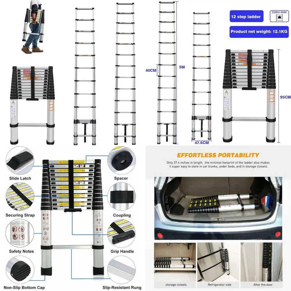 휴대용 접이식 알루미늄 사다리 16FT - 가볍고, 다목적, 미끄럼 방지, 330lb 용량, 가정 및 사무실 사용에 이상적