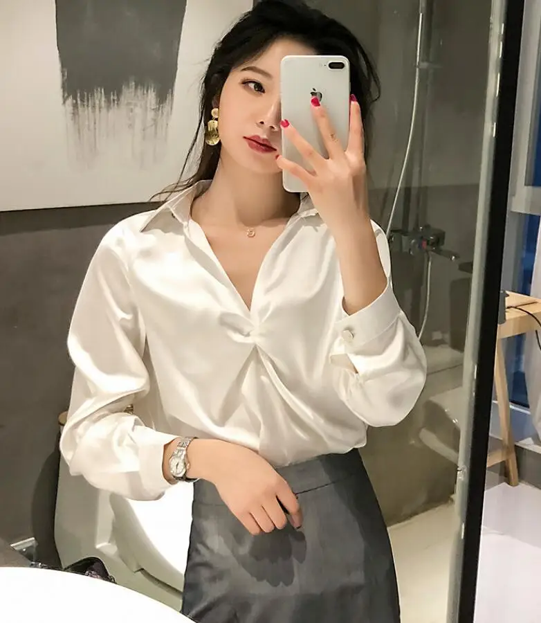 White Shirt Women V-Neck Solid OL Blouse Office Ladies Elegant Slim Long Sleeve Tops s37