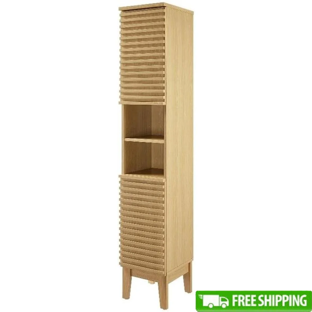 Tall Narrow Bathroom Storage Cabinet Freestanding Linen Tower with Open Shelves Soft Close Doors Adjustable Shelving Modern