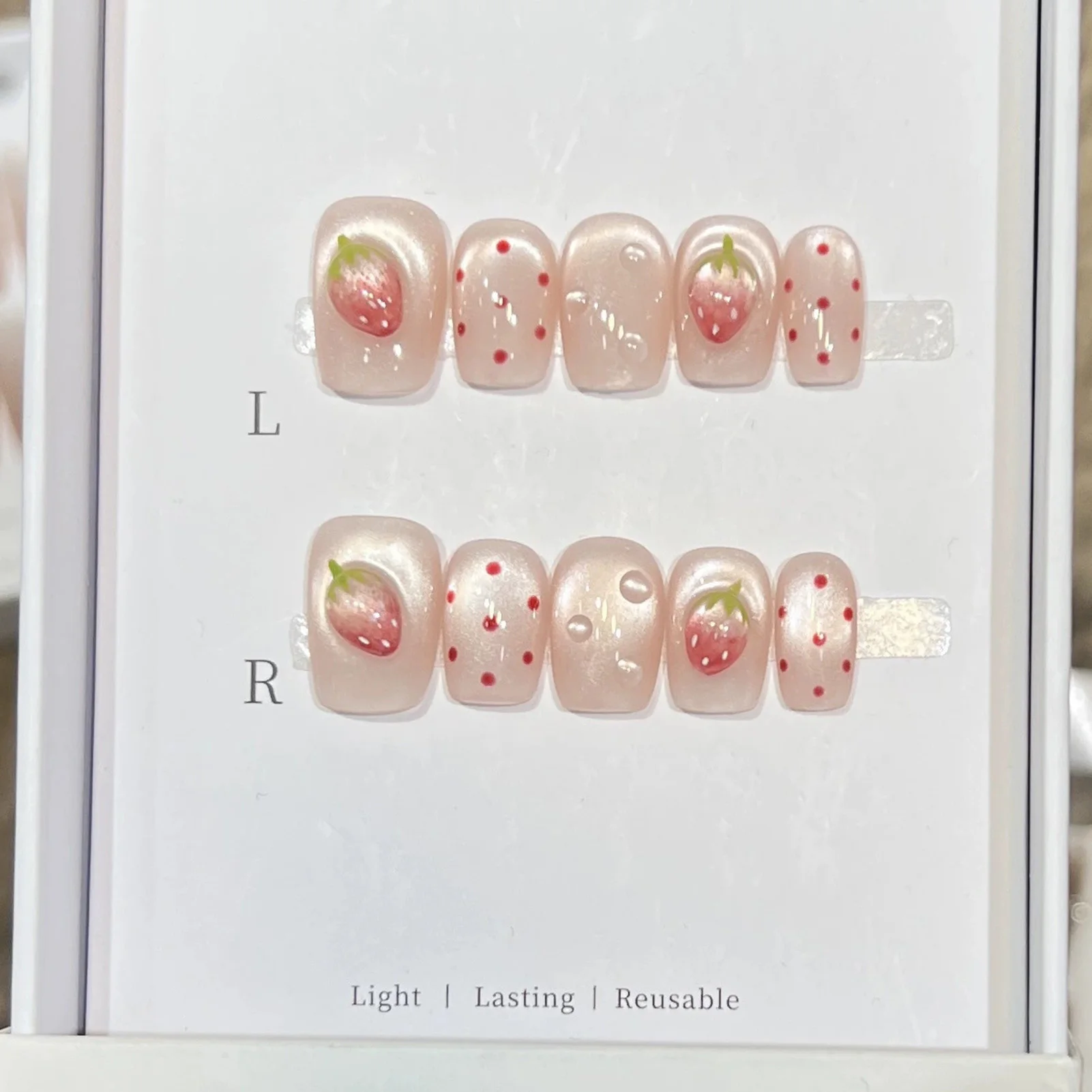 10개입 짧은 사각형 인조 손톱 별/꽃/딸기 프린트 자연스러운 핸드메이드 프레스온 네일 파티 웨딩 DIY 네일 아트용