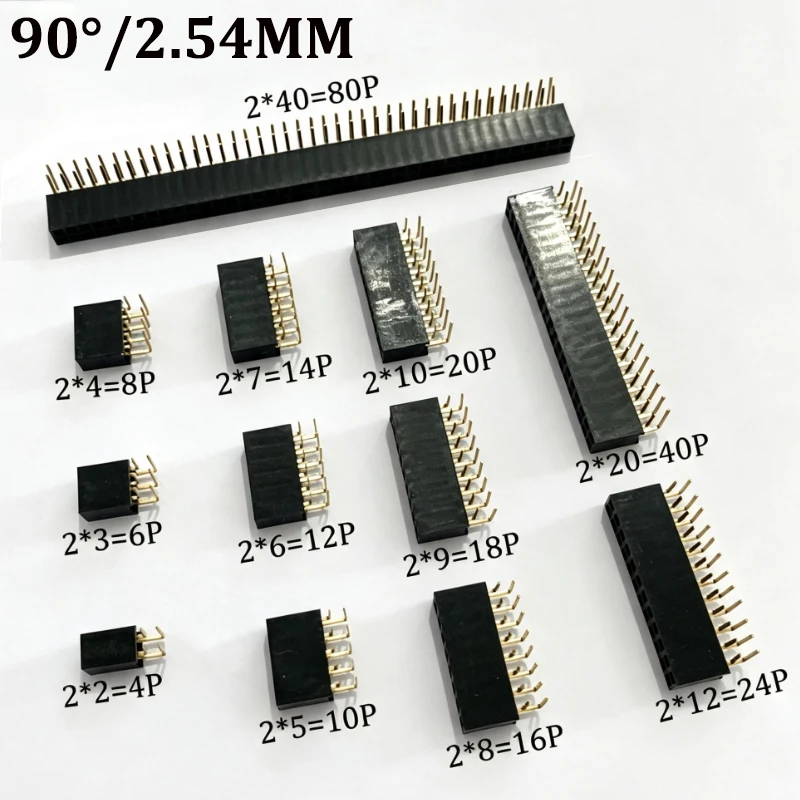 10 Stück 90-Grad-Winkelstecker, zweireihig, Buchsenleiste, 2,54 mm Rastermaß, PCB-Buchsenstecker, 2×3, 2×4, 2×5, 2×6, 2×7, 2×8, 2×20, 2×40 Pins – Detail 2