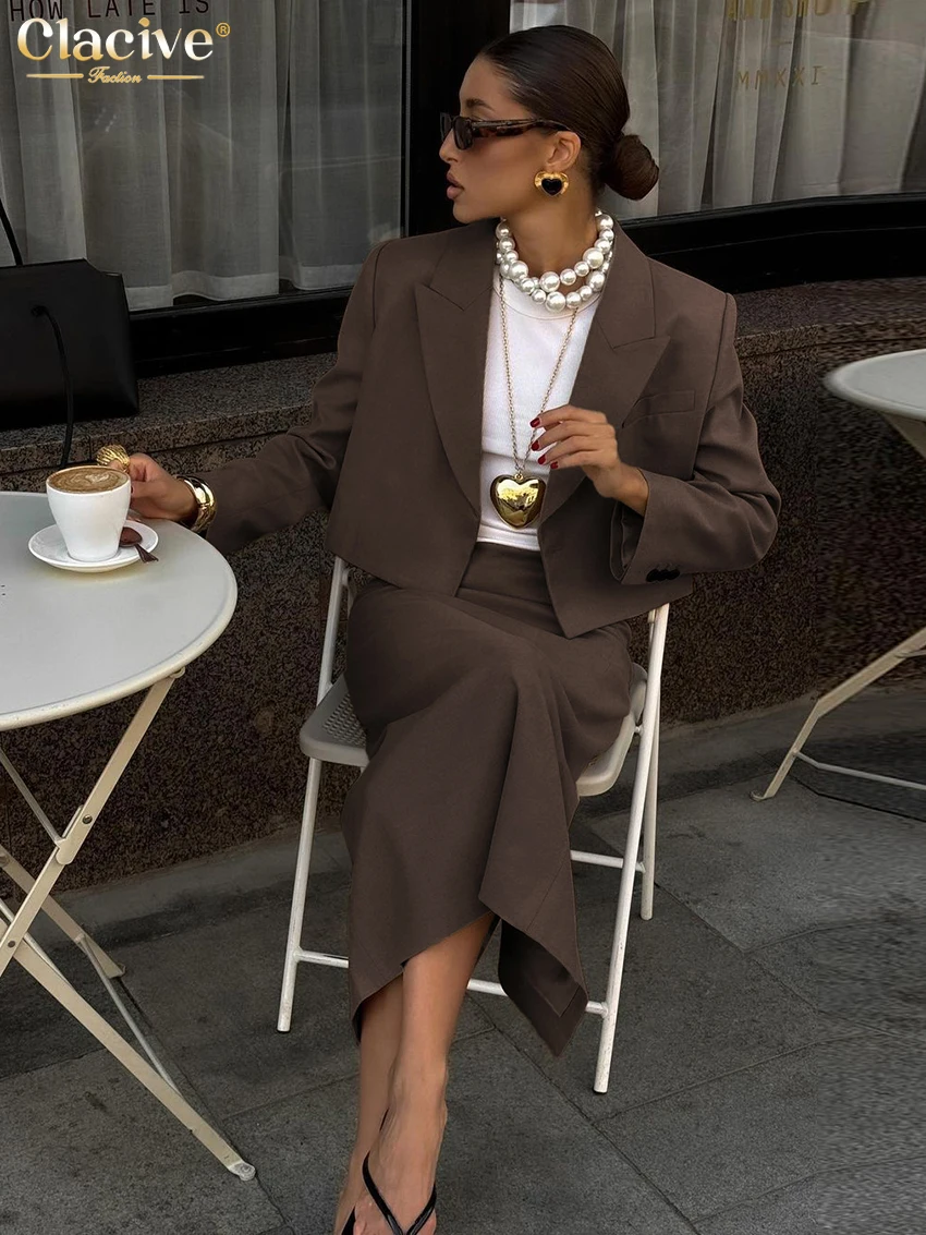 Clacive Fashion Loose Brown 2 Piece Sets Women Outfit 2025 Elegant Long Sleeve Crop Shirt With High Waist Midi Skirt Set Female