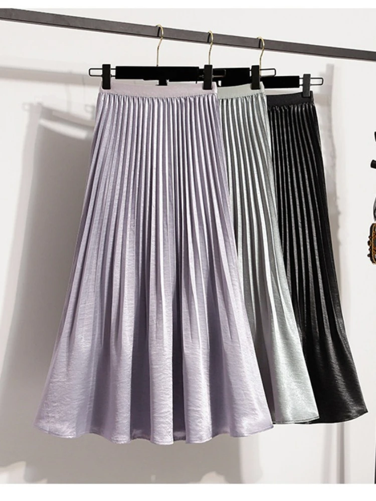 Women's summer new fashion satin fishtail half skirt slimming casual pleated solid color elegant elastic waist A-line skirt