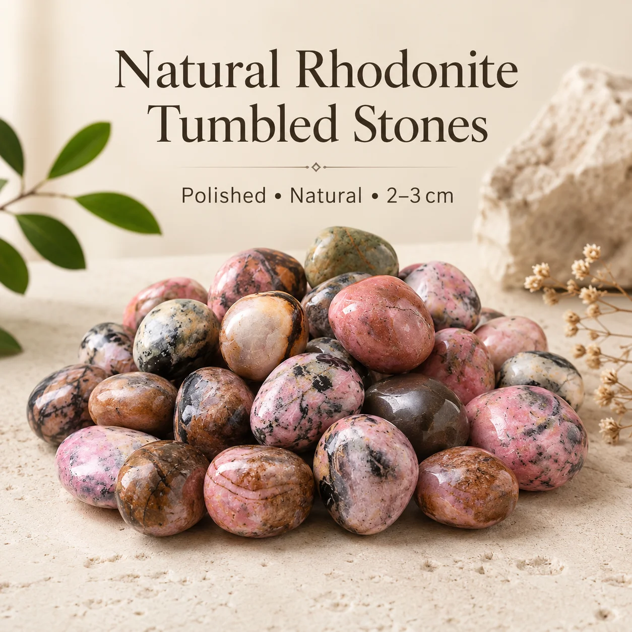 300g Natural Rhodonite Tumbled Stones 2-3cm Polished Pink Black Crystal Bulk for Decor Gift
