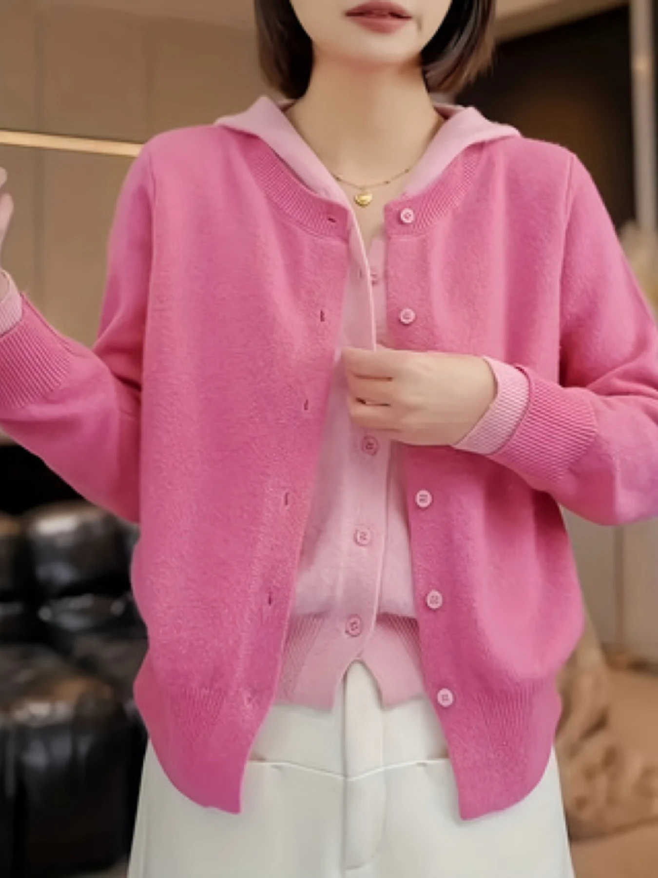 2025 الخريف/الشتاء كتلة اللون زر متماسكة مقنعين وهمية قطعتين سترة سترة