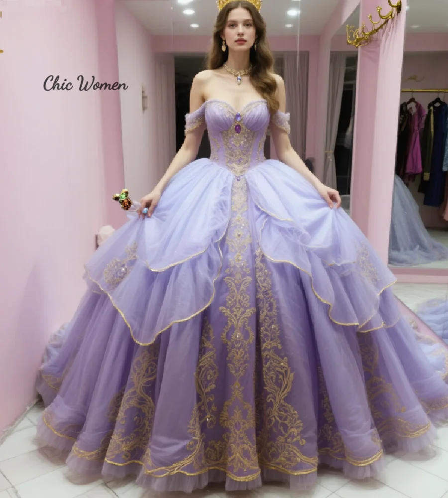 Vestidos de Quinceañera Color Lila Cenicienta 2026, Vestido de Gala con Hombros Descubiertos, Vestidos de Princesa con Encaje en Capas, Vestidos de 15 Años para Cumpleaños de Quinceañera