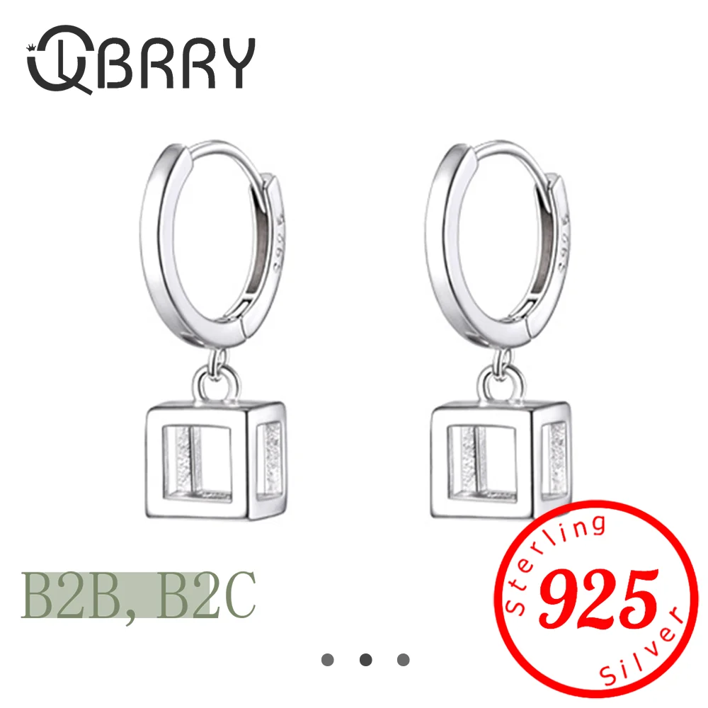 

925 Sterling Silver Fashion Jewelry Crystal Hollow Square Box Drop Earrings For Woman New