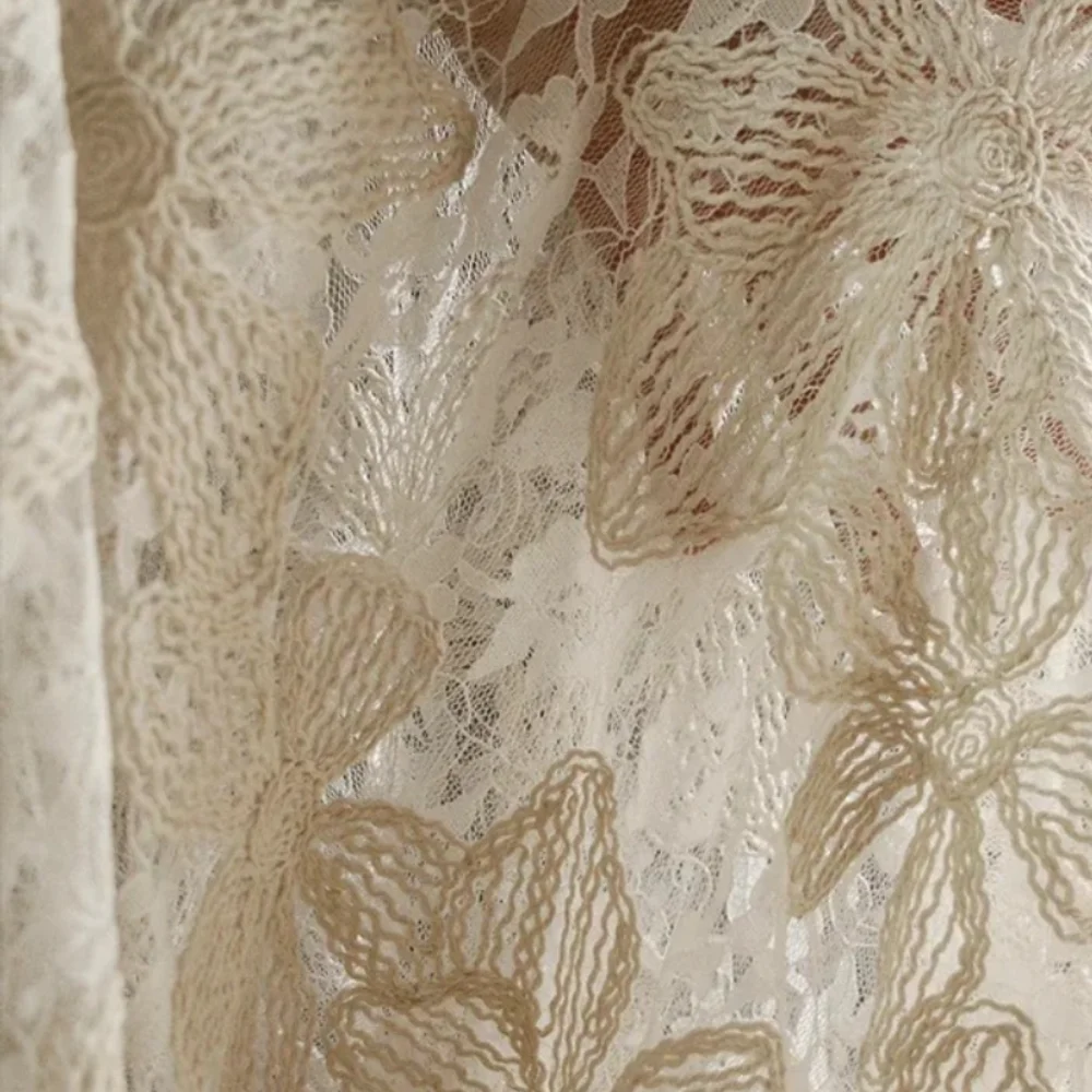 

Beige Floral Lace Transparent Yarn Fabric Vintage Dress Clothing Designer Fabrics for Diy Sewing Material Cloth By Meters