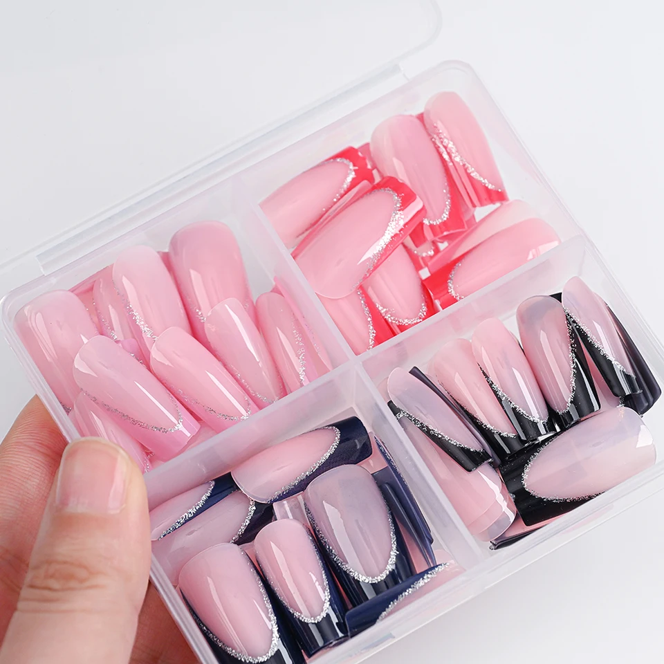 Caja de 96 uñas postizas francesas con glitter plateado, azul/rojo, cubierta completa, mediana, cuadradas, para mujer y niña, diseño simple 3