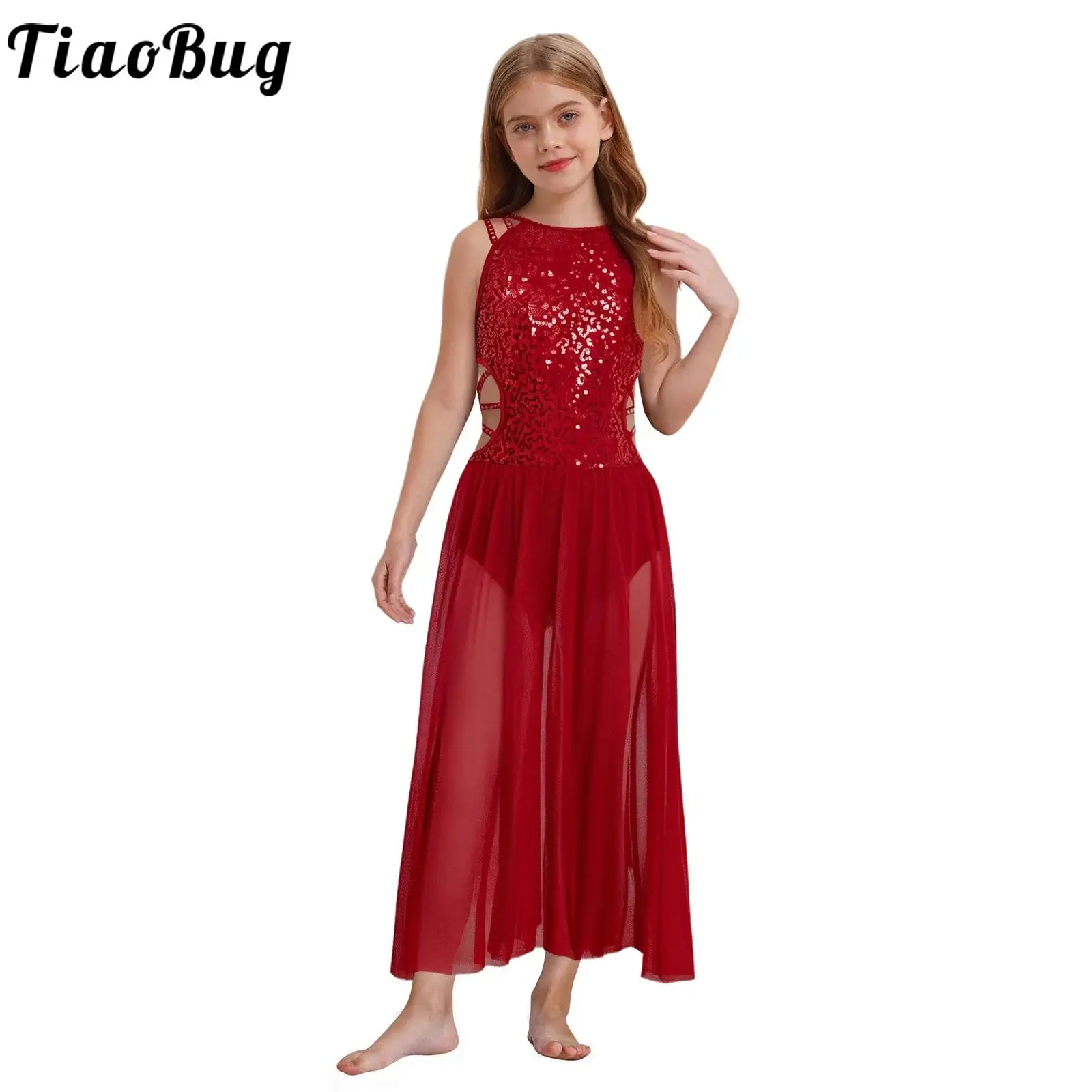 أطفال بنات فستان الباليه بلا أكمام صد الجانب سبليت شبكة غنائية ملابس رقص التزلج المعاصرة ثياب فستان Dancewear #2