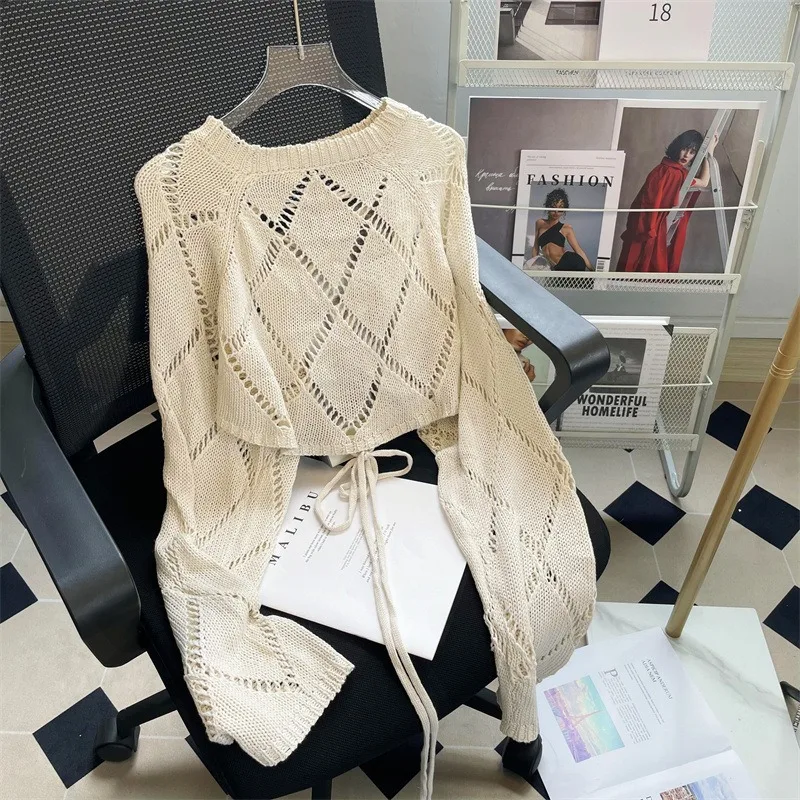 HOUZHOU Y2K Knitted Tops Women Hollow Long Sleeve Sweet Lace-Up Sweater Harajuku Casual Backless Lady Blouse Streetwear