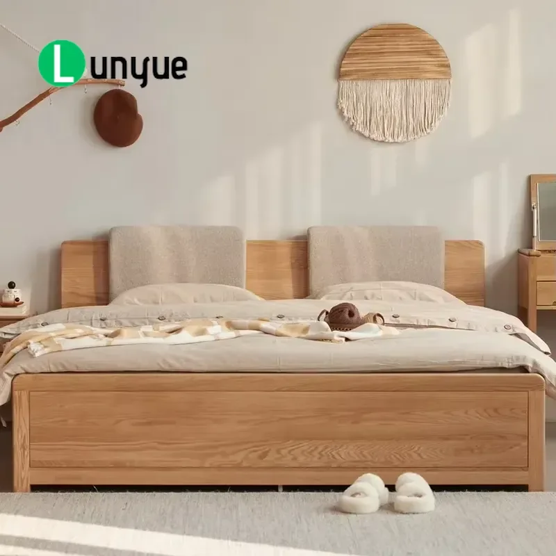 Simple Solid Oak Frame Soft Bed Modern Bedroom Furniture Comfortable Upholstered Platform Bed for Home Hotel Durable Wood
