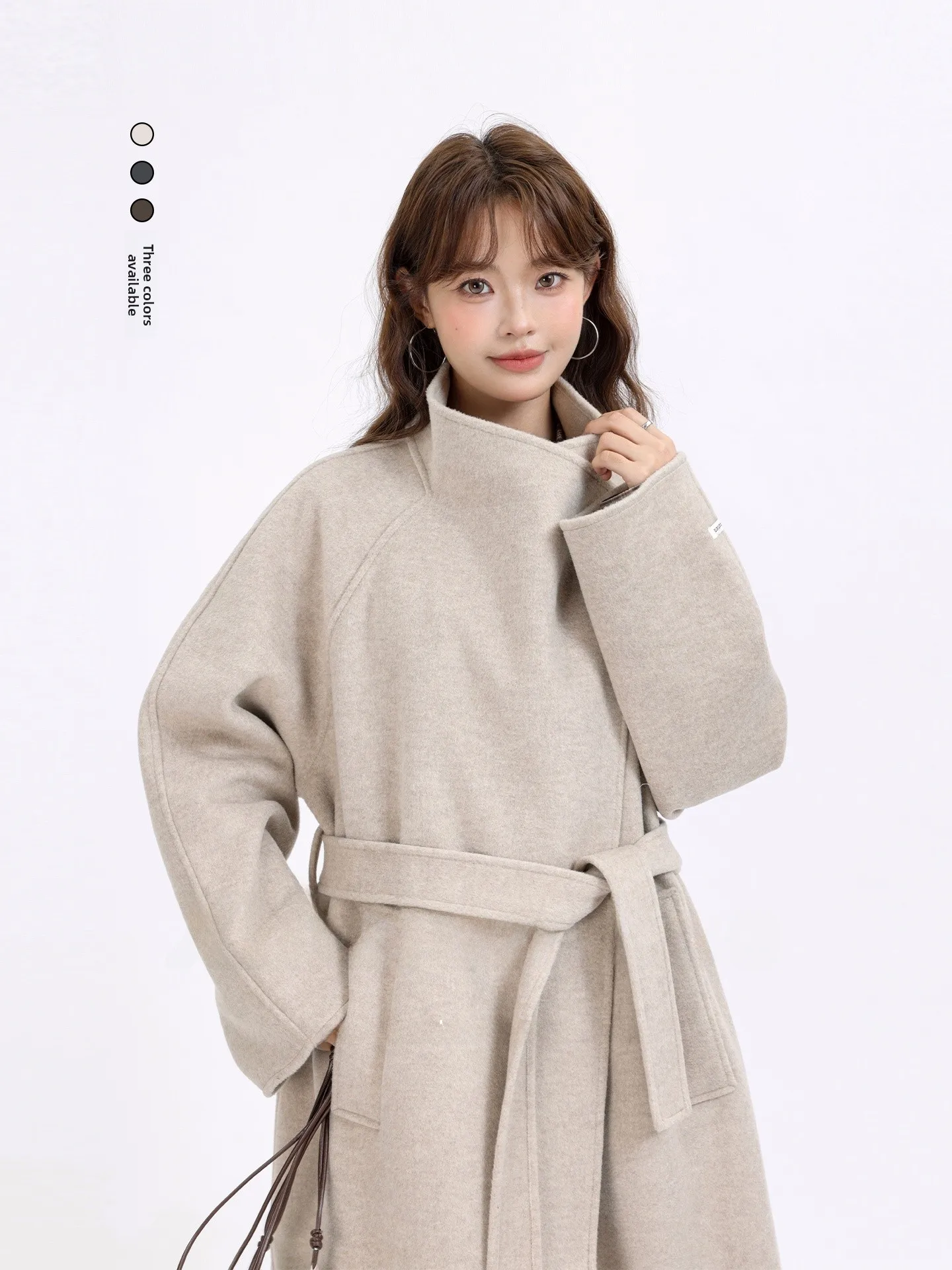 

Ele Long Woolen Coat with Belt Slimming High Collar Korean Sle Commute Faion Lightweight Luxury Winter New Arrival