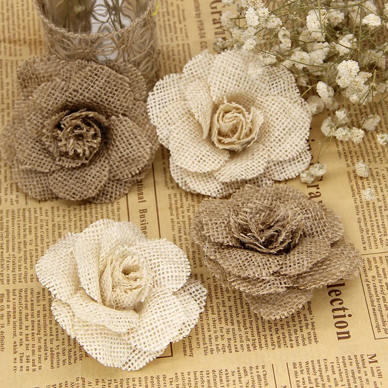 Naturual Jute Burlap Hemp Artificial Roses Flowers for Wedding Birthday Party Decoration DIY Crafts Hessian Fabric