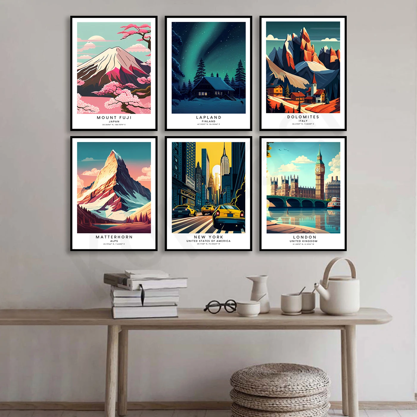 Amsterdam London New York Zermatt Matterhorn Lapland Ben Nevis Dolomites Gunung Fuji. Poster Pemandangan Perjalanan Kota