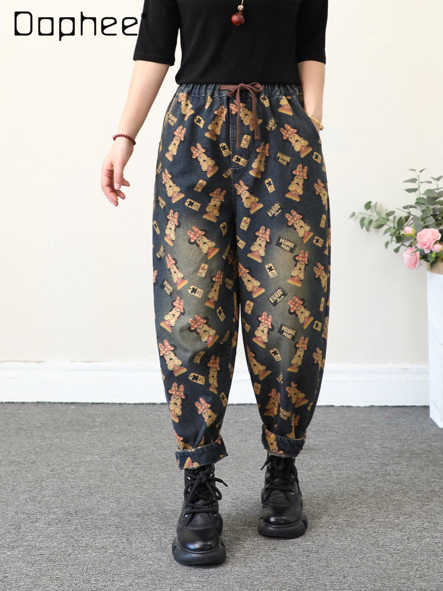 

Vintage Cartoon Bow Print Jeans for Women Loose Cropped Harem Pants Autumn New Elastic Waist Blue Jeans for Women 2025 New