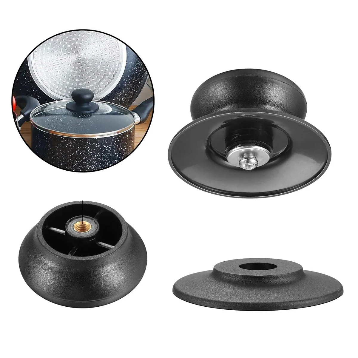 6pcs Replacement Pot Lid Knob Handles for Kitchen Cookware Black ABS Material with Stainless Steel Washer 6.2x4.5x3.2cm