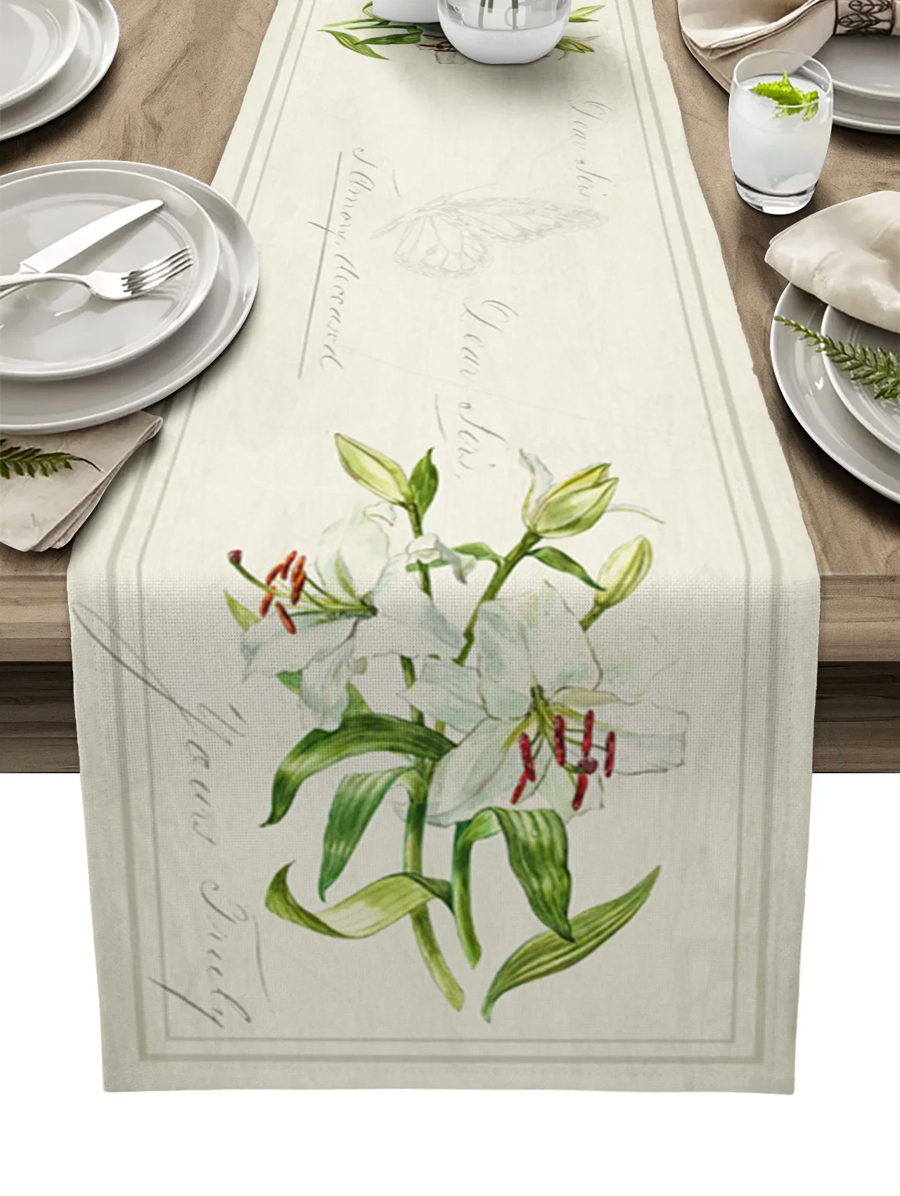 Vintage Country Plants Lily Flower Linen Table Runners Kitchen Table Decoration Dining Table Runner Wedding Party Supplies