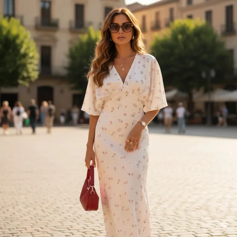 

Summer Women's Elegant Floral Print Maxi Dress V Neck Short Sleeve High Waist Bodycon Dress For Dinner Date Party Evening Wear