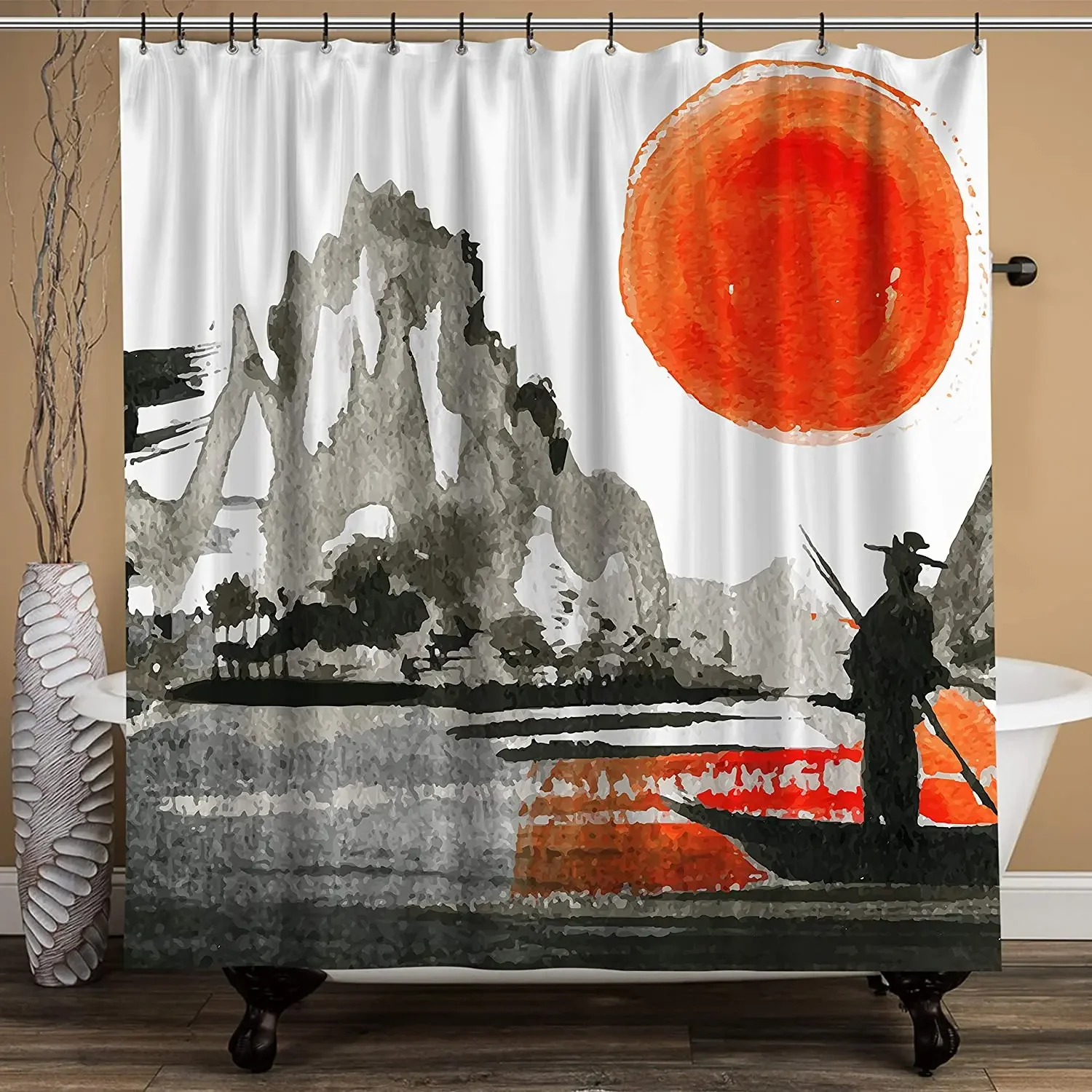 Black And White Japanese Traditional Ink Painting Style Fisherman Taking Boat Waterproof Fabric Shower Curtain For Bathroom