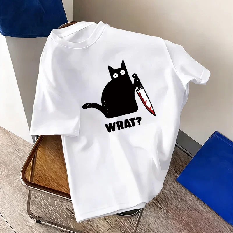 2026 Herren T-Shirt mit Katzen-Print aus Baumwolle, lässig, kurzärmelig, für Outdoor-Sport, Jogging, weiß, locker, dünn, Sommer-Streetwear