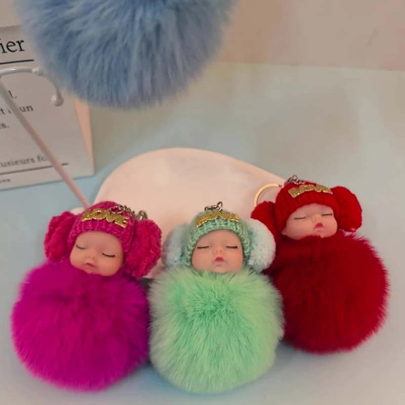 1 Piece Lovely Solid Color Sleeping Baby Bag Earrings Pendant Knitted Hat Pompom Sleeping Baby Keychain Soft Plush Doll Keyring