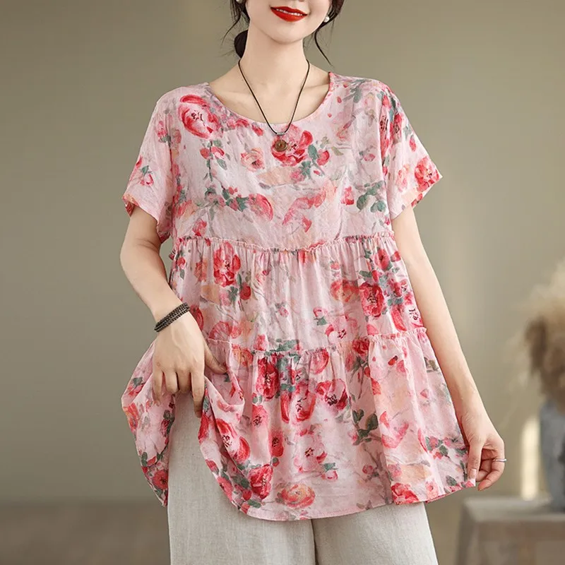 

Женские повседневные футболки, Новое поступление 2024, летние винтажные стильные свободные удобные женские хлопковые топы с круглым вырезом и цветочным принтом, футболки W1832