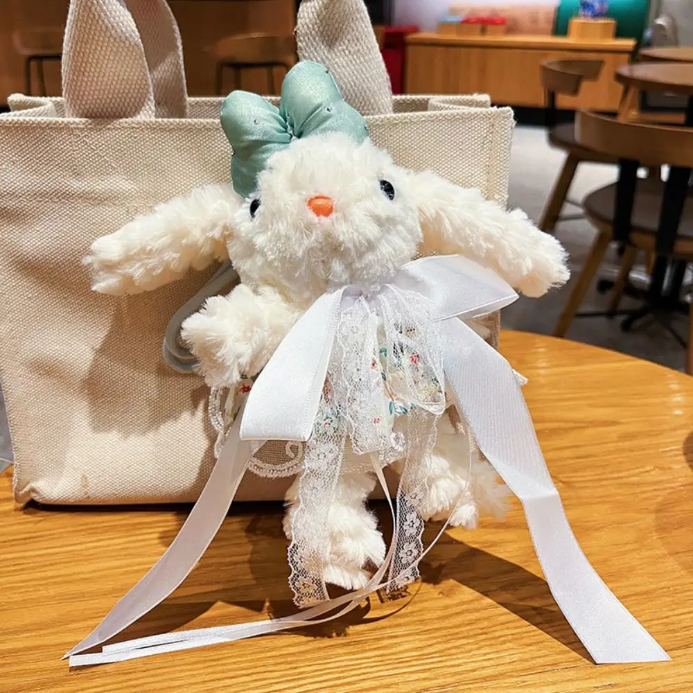 LLavero de conejo de peluche con lazo, vestido de princesa con perlas, llavero de muñeco de conejo de dibujos animados, colgante de conejo con oreja caída suave Kawaii
