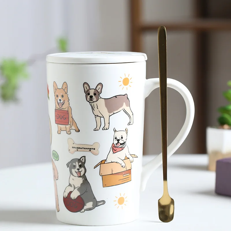 Cartoon Cat and Dog Cup Ceramic Drinkware Mug Coffee Mug Spoon with Lid Office Breakfast Milk Water Mugs Couple Desk Decoration