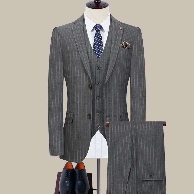 

KIDWHXR Men Suit Set British Style Striped Business Casual Male Outfit Single-breasted Long Sleeve Pocket Man 3-piece Outfit