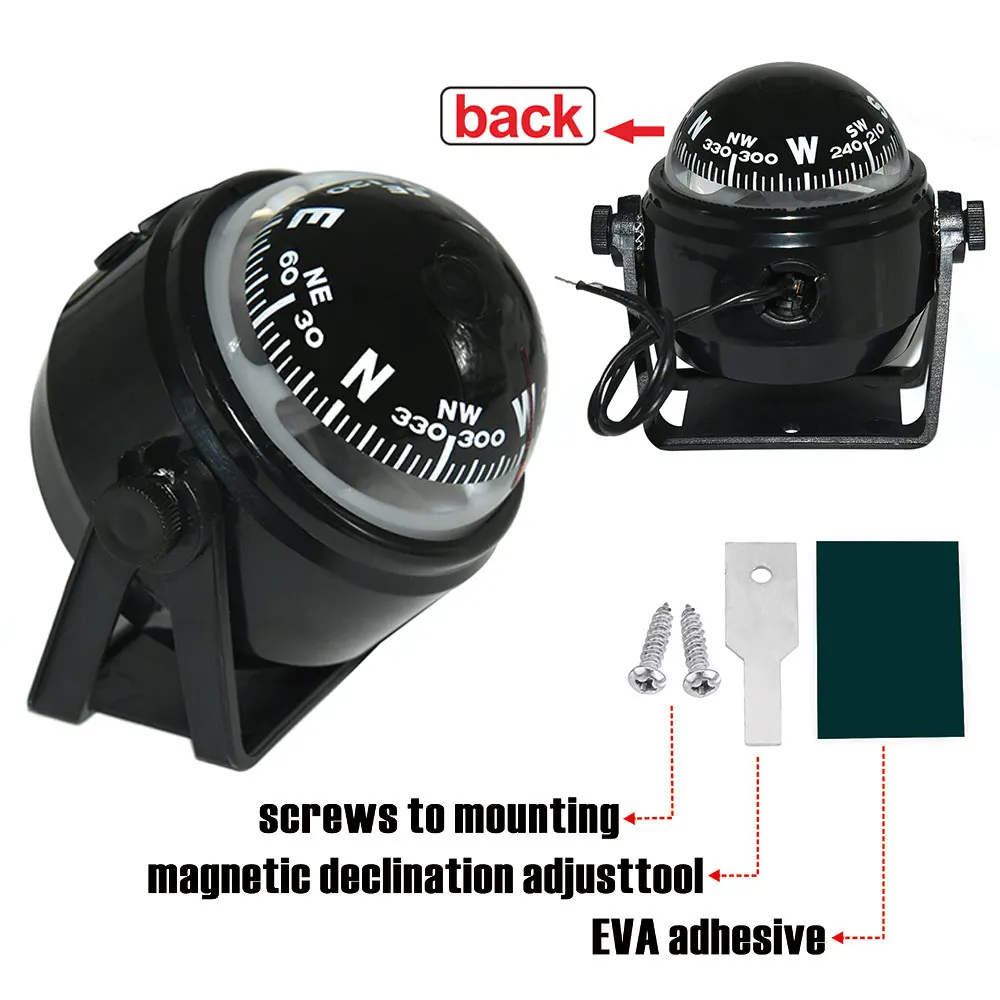 Sea Marine Pivoting Compass Electronic Navigation Compass Camping Gear LED Light Compass Guide Ball for Boat Vehicle Car