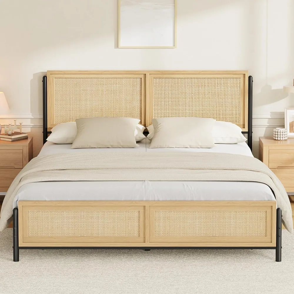 GarveeHome Boho King Size Bed Frame with Natural Rattan Headboard and Footboard, Wooden King Platform Bed No Box Spring Needed,