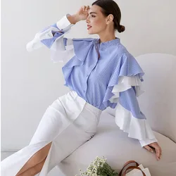 Women's Stripe Shirt Fashion Stand Neck Single Breasted Flare Sleeve Flounce Color Block Blouse Autumn 2024 New Elegant Lady Top