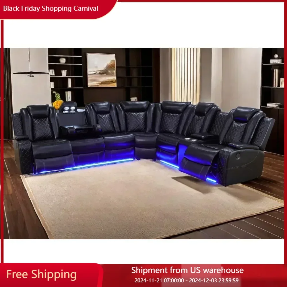 Power Recliner Set, Leather Sectional Sofa Set for Living Room,with LED Lights,Cup Holder, Hide-Away Storage Home Theater sofa