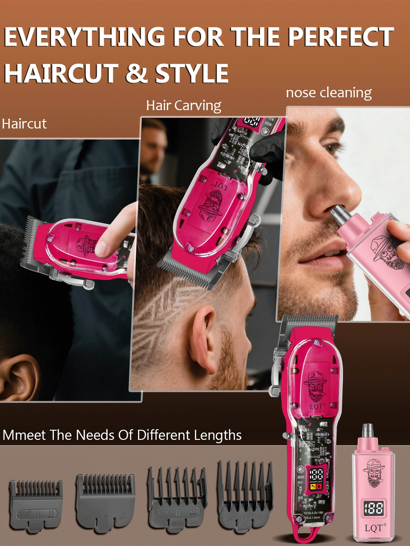 LQT Professional Barber Hair Clipper Pink Transparent LCD Digital Rechargeable Electric Hair Cutting Tool Full Accessory Kit