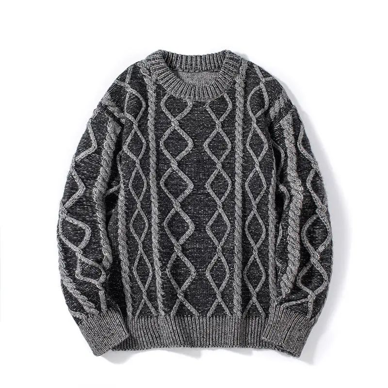 

Мужской утепленный свитер с круглым вырезом из фактурной шерсти, свободного кроя, с узором «косы», премиум-класса, комфортный, дышащий, с длинными рукавами